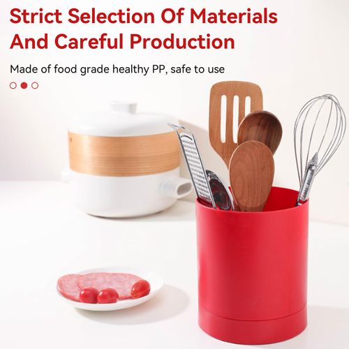 Rotating Utensil Holder, 360° Rotating Red Kitchen Utensils Holder 3 Compartment Countertop Utensil Organiser Utensil Storage Caddy Utensil Crocks Nonslip Cutlery Holder for Kitchen Countertop