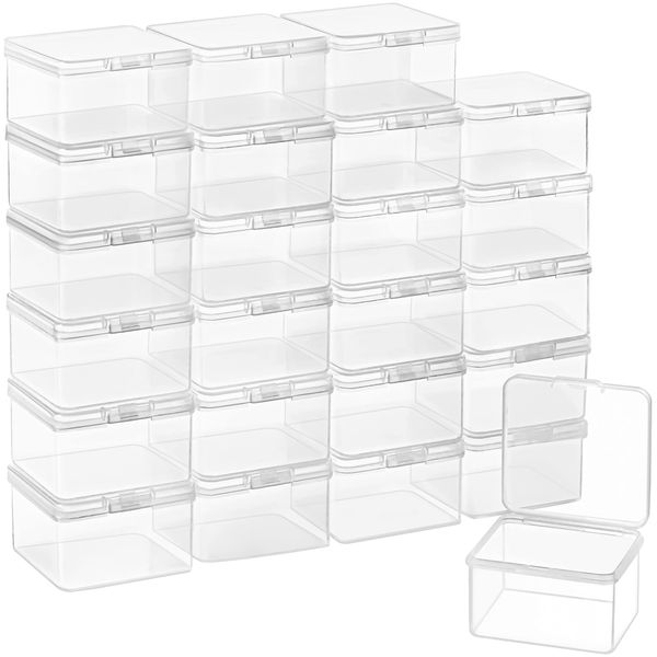 BELLE VOUS 24 Pack Small Clear Plastic Storage Box Containers with Hinged Lid - L6.2 x W6.2 x H4cm / 2.44 x 2.44 x 1.57 Inches - Mini tub Boxes for Pills, Beads, Jewellery & Craft Items