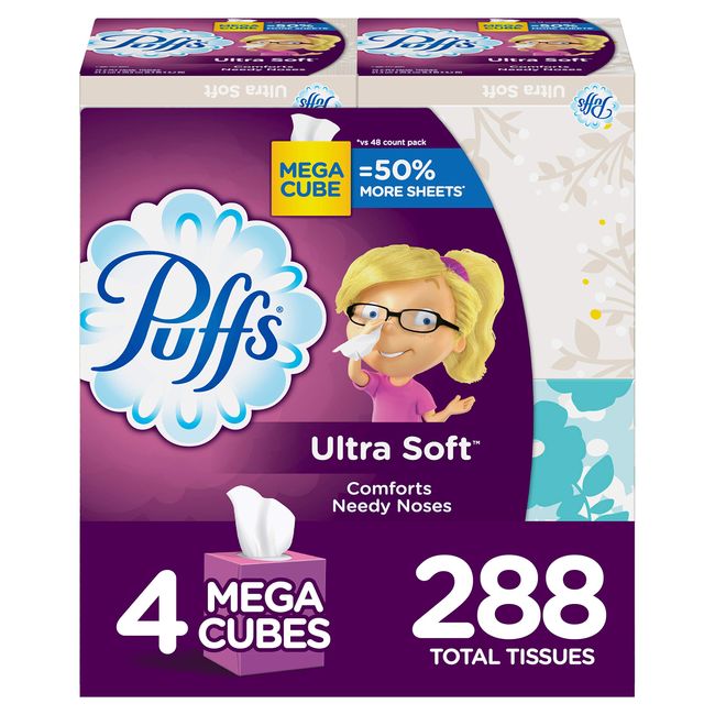 Puffs Ultra Soft Non-Lotion Facial Tissues, 4 Mega Cube Boxes (288 Total Tissues)