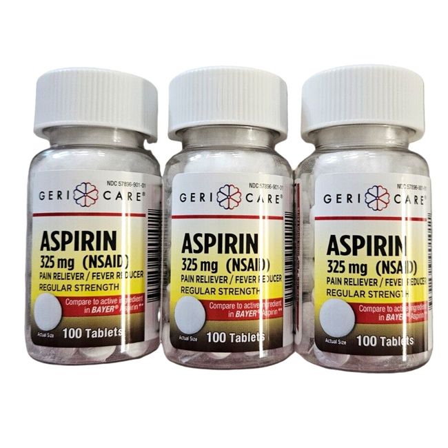 Gericare Aspirin 325mg UNCOATED Tablets 100ct ( 3 pack ) NEW LOOK! ^