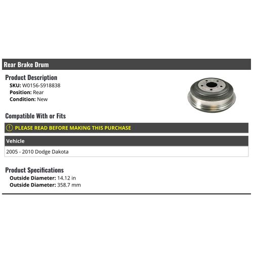 Rear Brake Drum - Compatible with 2005-2010 Dodge Dakota