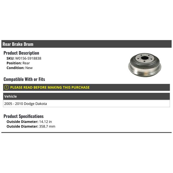 Rear Brake Drum - Compatible with 2005-2010 Dodge Dakota