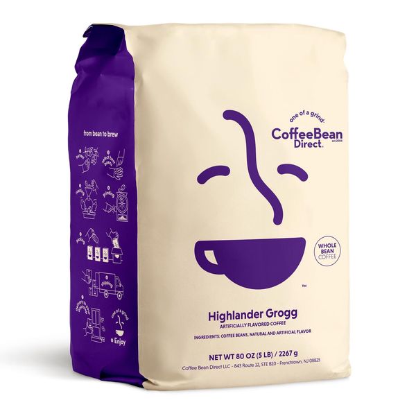 Coffee Bean Direct Highlander Grogg Flavored, Whole Bean Coffee, 5 Pound Bag ...
