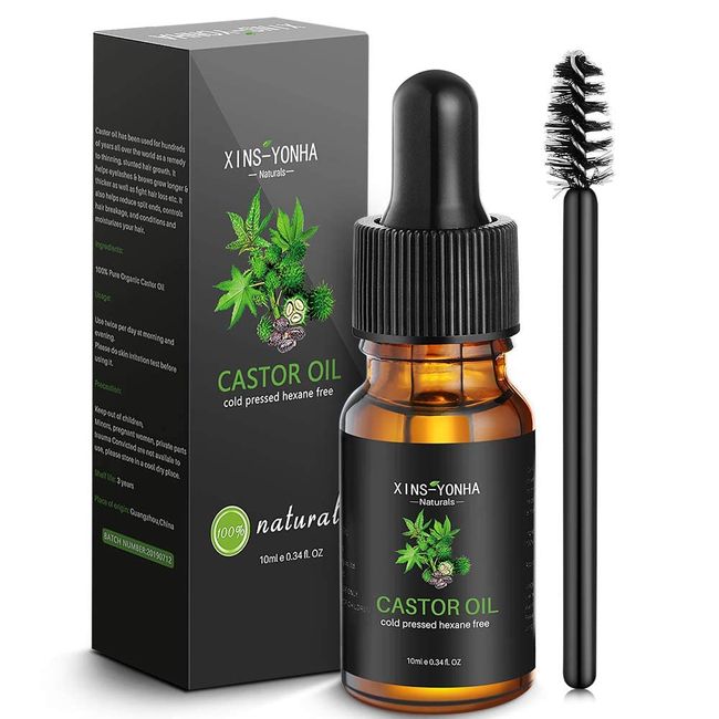 Castor Oil, Hair Growth Oil Pure Cold Pressed Castor Oil for Eyelashes Eyebrows Lash Nail, Hair Growth Serum Eyebrow Growth Serum Lash Oil with Eyelash Brush Skin Care Ricin Oil (10ml)