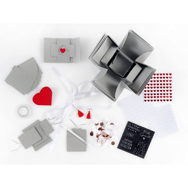 Loveria Geschenkbox Grau zum Selbstgestalten | individuelle DIY Überraschungsbox, 17 Teile | Satin, Geschenkband, Schreiber und mehr | 12x12x12cm