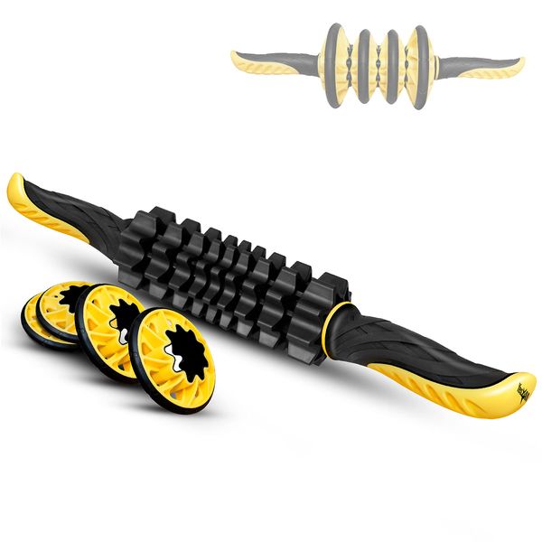 Yes4All Multi-purpose Ab Roller/Muscle Roller Stick, Abs Workout Equipment with Detachable Ab Wheel for Massage Stick Transformation – Yellow/Black