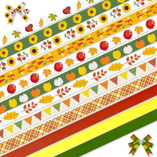 ALIBBON 12 Yards 3/8" Fall Ribbon Thanksgiving Grosgrain Ribbons for DIY Crafts Fall Decor, Pumpkin Flower Leaves Ribbons Orange Buffalo Plaid Ribbon for Gift Wrapping Bows Crafting Supplies