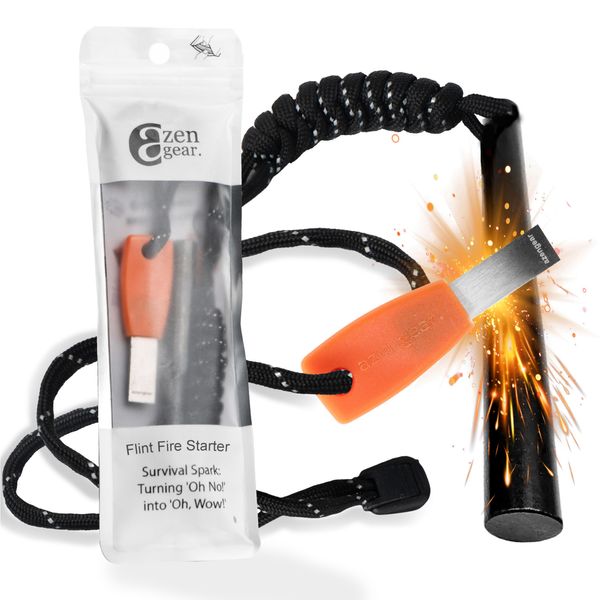 aZengear Flint and Steel Striker Fire Starter, Magnesium Ferro Rod | 10,000 Strikes Survival Kit with Fluorescent Paracord for Emergency, Camping, Bushcraft