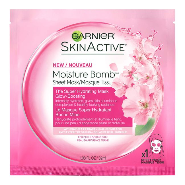 Garnier Moisture Bomb Glow-Boosting Super Hydrating Mask with Sakura Extract, 32 mL