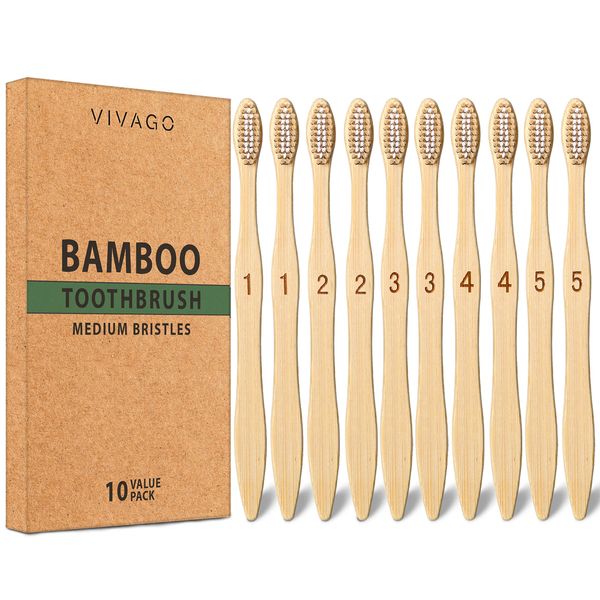 VIVAGO Bamboo Toothbrushes Medium Bristles 10 Pack - BPA Free Medium Bristles Toothbrushes for Adults | Eco-Friendly, Compostable & Biodegradable Toothbrush | Natural Wooden Toothbrushes