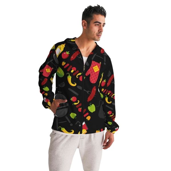 Mens Lightweight Windbreaker Jacket with Hood and Zipper Closure, Bbq Multicolor Illustration - XXL / Black