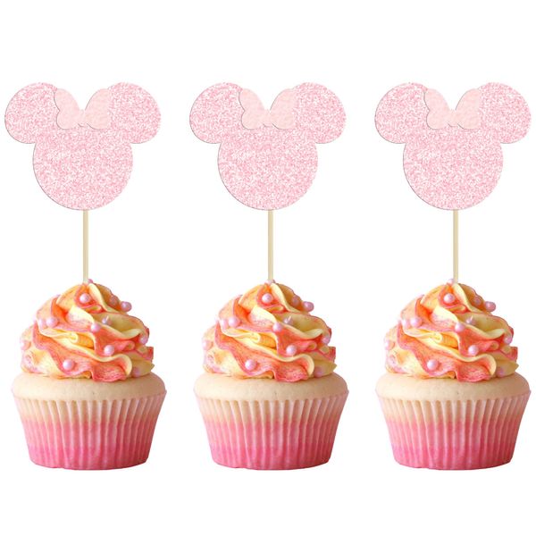 Gyufise 36 Pack Mouse Inspired Cupcake Toppers with Pink Bow Pink Glitter Mini Cupcake Picks Decorations for Baby Shower Wedding Kids Birthday Party Supplies