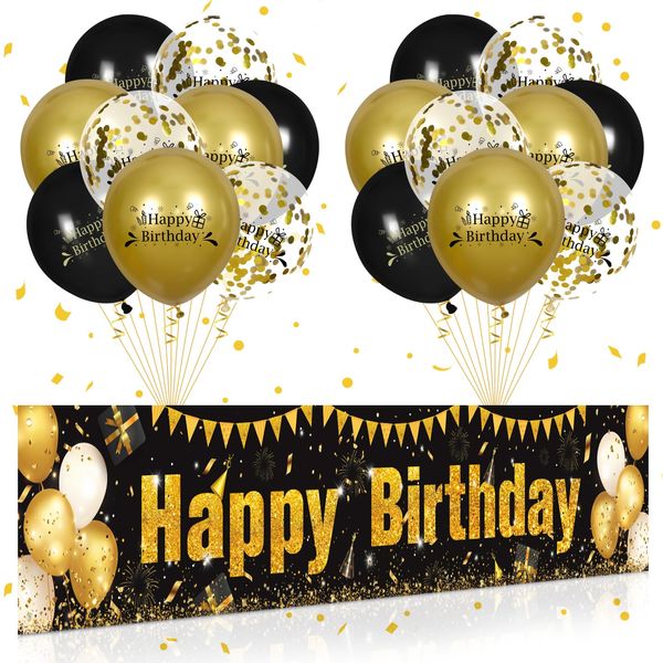 Black Gold Birthday Banner Balloons Decorations, Black and Gold Happy Birthday Yard Banner 18PCS Birthday Confetti Balloons for Boys Girls Men Women Anniversary Birthday Party Supplies Outdoor Decor