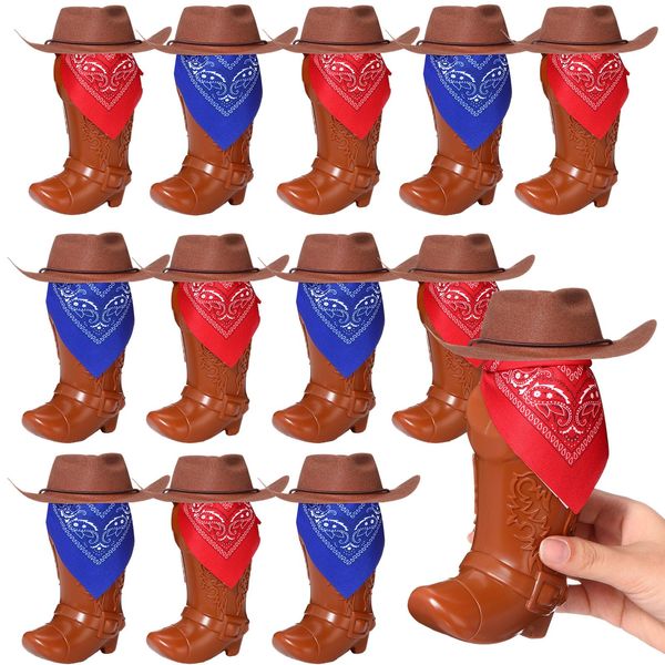 Xtinmee 36 Pcs Cowboy Party Favor Cowboy Boot Cups with Mini Cowboy Hats Paisley Bandanas Set for Western Cowboy Birthday Party