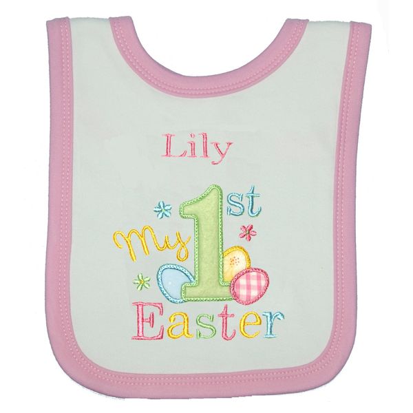 Baby 1st Personalised Easter Bib. (White with Pink Trim)
