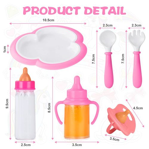 Aolso 6 Pcs Baby Doll Feeding Set, 2 Pcs Magic Baby Doll Milk Bottle and 1 Pcs Dummy, Spoons and Forks and 1 Dinner Plate, Baby Doll Feeding Accessories, Easy for Small Hands, Gift for Boy and Girl