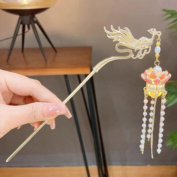 Lantern Light Long Tassel Flower Hairpin Hair Stick, Phoenix Palace Lantern Hair Accessories Chinese Coiled Hair Antique Hair Pin (Pink)