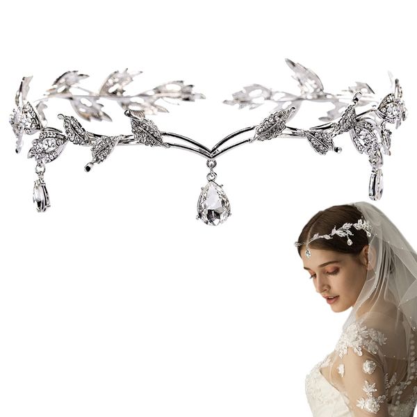 DonLeeving Elegant Rhinestone Leaf Wedding Silver Tiaras and Crowns Crystal Pendent Tiara Headband for Bride Bridesmaid Birthday Crown Cosplay Accessories for Women