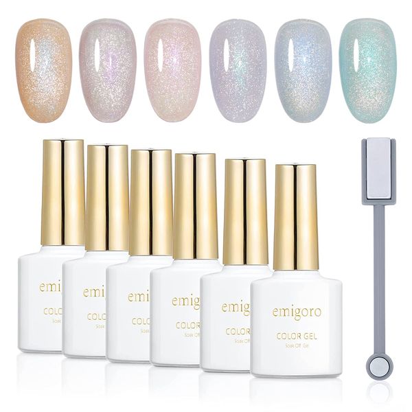 Emigoro Magnetic Nail Cat's Eye Gel, Sparkling, Galaxy Nails, Color Gel, Magnetic Gel, Set of 6 Colors, UV/LED Compatible