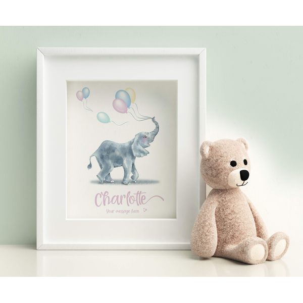 Personalised elephant nursery print for babies