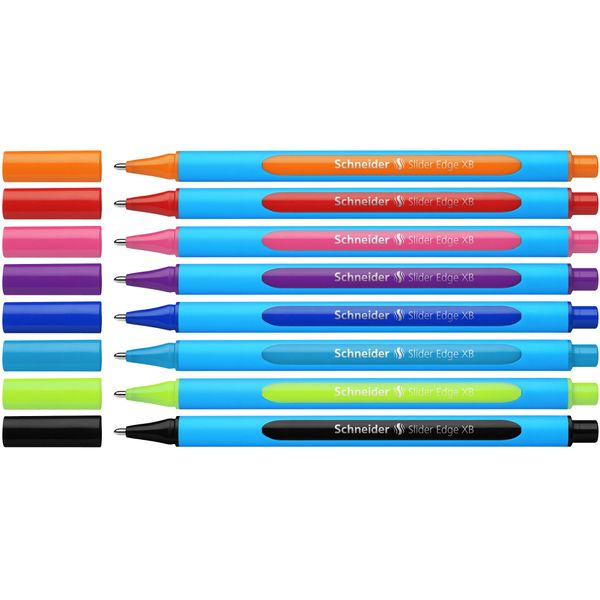 Schneider Slider Edge XB (Extra Broad) Ballpoint Pen, 1.4 mm, Light Blue Barrel, Assorted Ink Colors, Adjustable Case Stand of 8 Pens (152279)