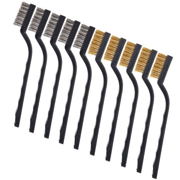 10 Pieces Small Wire Brush Scratch Brush (Stainless Steel + Brass), Curved Handle Masonry Brush Wire Bristle for Cleaning Welding Slag and Rust