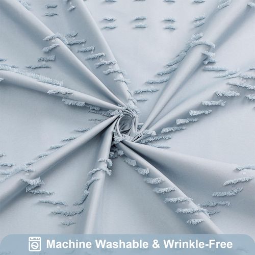 Craidlela Extra Long Fog Blue Boho Woven Fabric Shower Curtain with Tassel 72 x 84, Bohemia Tufted Chevron Striped Chic Textured, Blue Waterproof Modern Farmhouse Minimalist Curtain for Bathroom