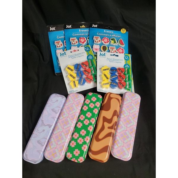 Lot Of 10 JOT Pack With 36 Erasers, 24 Pencil Sharpeners & 5 Metal Pencil Cases