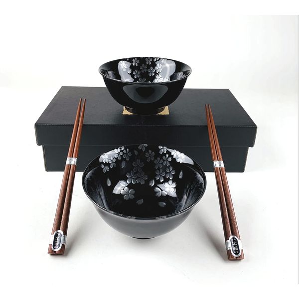 JapanBargain 4689, Set of 2 Japanese Porcelain Bowls and Chopsticks Set, Rice Bowls and Soup Bowls, Gift Boxed, Made in Japan, Black Sakura