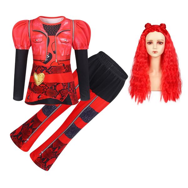 WonderBabe Red Costume for Girls Kids Rise Red Princess Party Dress up Halloween Cosplay Includes Jacket Skirt Pants withg Wig size 11-12 Years