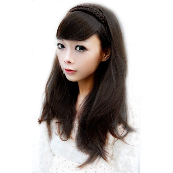 Happykoko Headband Half Wig, Long Extension, 27.6 inches (70 cm) (1) 27.6 inches (70 cm), Braided Headband, Dark Brown)