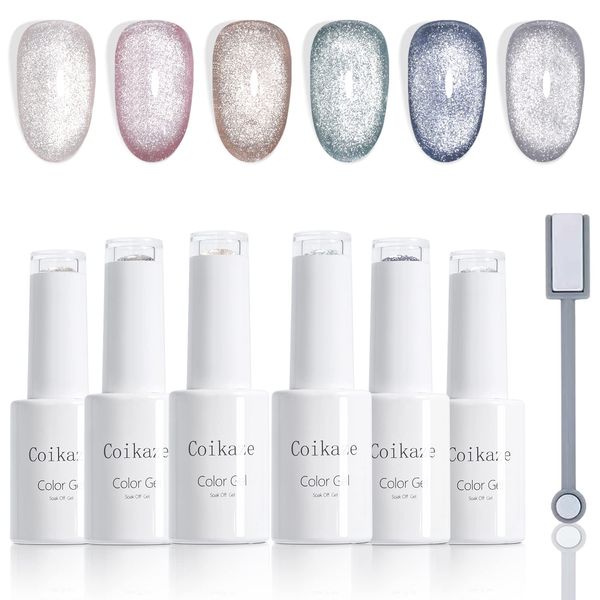 Coikaze Magnetic Nail Gel, Set of 6 Colors, Cat Eye Gel, Galaxy Nails, Color Gel, Cat Eyes, Nails, Gel, Magnetic, UV/LED Compatible, Gel Nail Kit