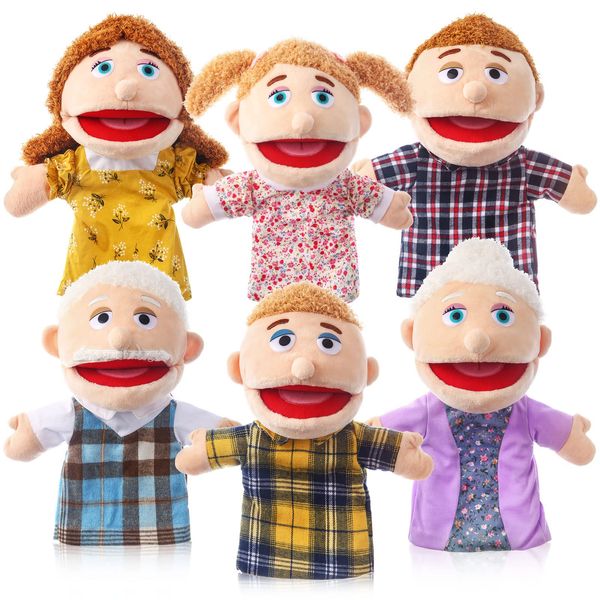 6 Pcs Family Hand Puppets 12 Inch Grandparents, Mom & Dad, Brother & Sister Plush Hand Puppet Toys Role-Play Toy Puppets for Kids Storytelling Imaginative Pretend Play Teaching Preschool(6 Family A)