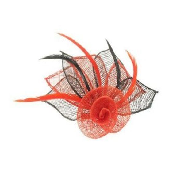 4479 2 Tone coloured hessian netted rose with 3 petals fascinator on beak clip & brooch pin Wedding (Red/Black)