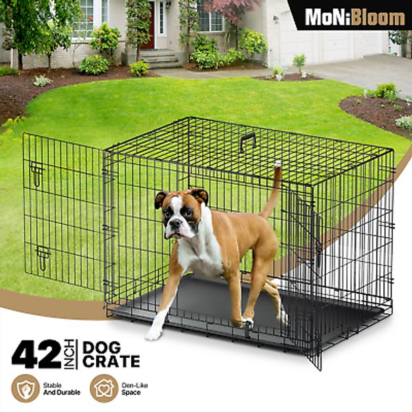 42" Dog Kennel Metal Folding Pet Crate Cage Double doors Portable w/Tray Black