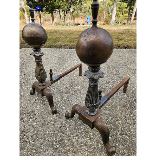 VINTAGE PAIR of BRASS CANNONBALL FIREPLACE ANDIRONS FIRE DOGS, BRASS & CAST IRON