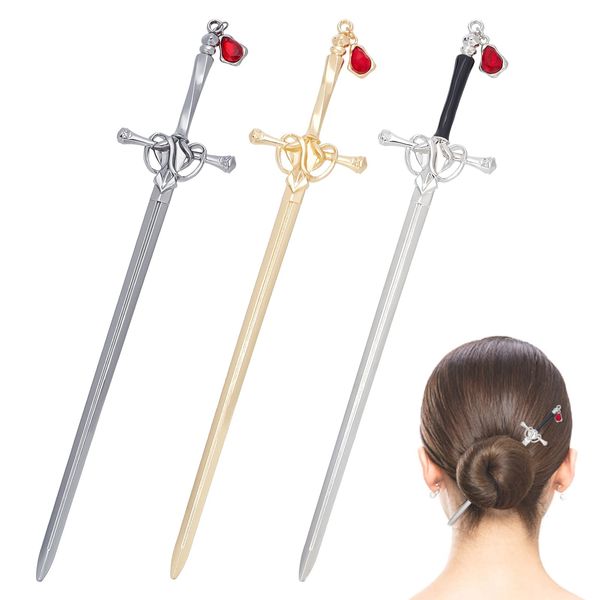 WEBEEDY 3 Stück Metall Haarstäbchen Chinesischer Haarstab Vintage Schwert Haarnadel Retro Haarspangen mit Perlen Chinesische Japanische Haarnadeln Essstäbchen Clips Geschenke für Damen Frauen