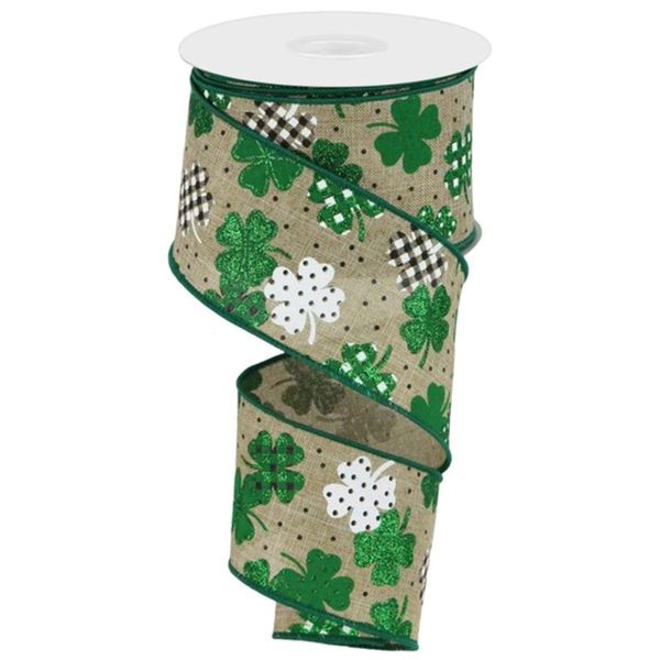 Patterned Glitter Shamrocks Wired Edge Ribbon - 10 Yards (2.5 Inch, Light Beige)