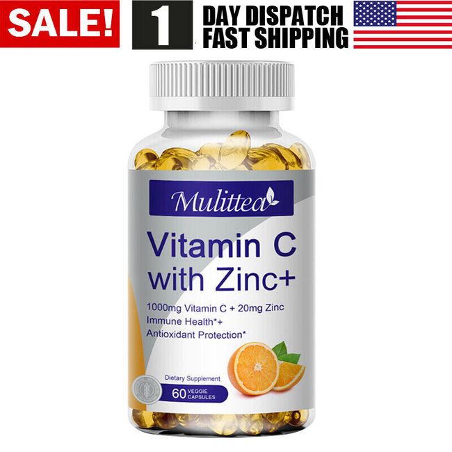 Vitamin C Capsules 1000Mg with Zinc Powerful Immune Support Antioxident 60 Caps