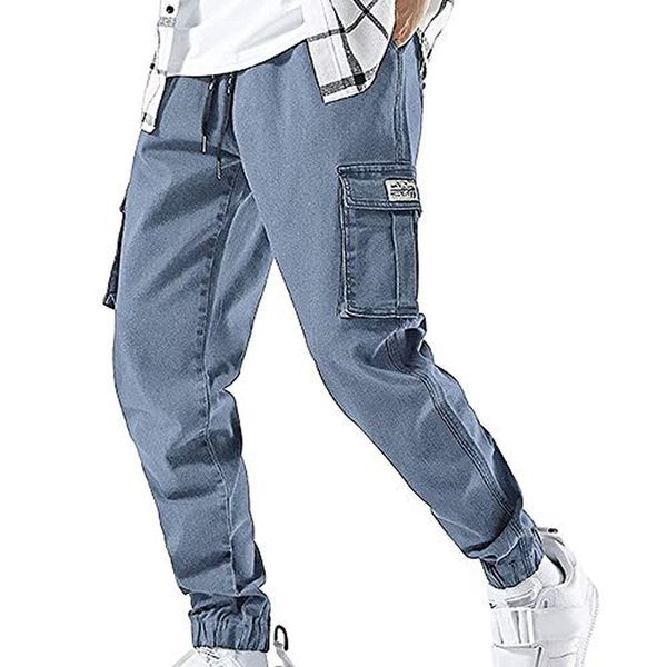 XYXIONGMAO Streetwear Hip Hop Cargo Joggers Pants for Men Denim Overalls Sports Harness Feet Harlan Casual Trousers (Black, L)