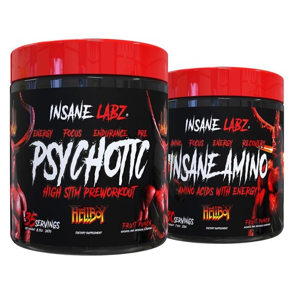 Insane Labz Hellboy Bundle, Psychotic Hellboy Pre Workout and Insane Amino BCAA, Increase Muscle Mass, Strength, Focus and Recovery Time, Fruit Punch