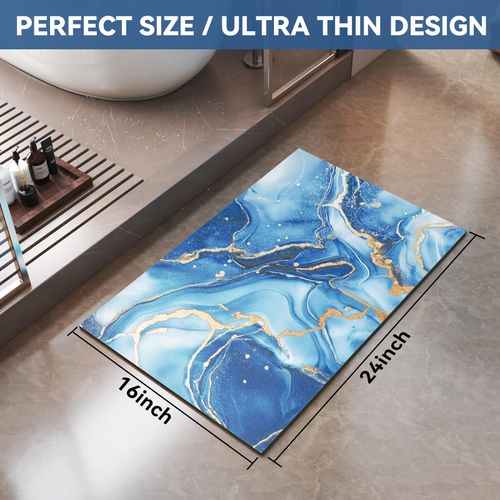 QiCaiJia Non Slip Bath Mat Ultra Thin Bathroom Rug Fit Under Door, Rubber Backing Quick Dry Super Absorbent Washable Shower Bath Mats Blue 16x24