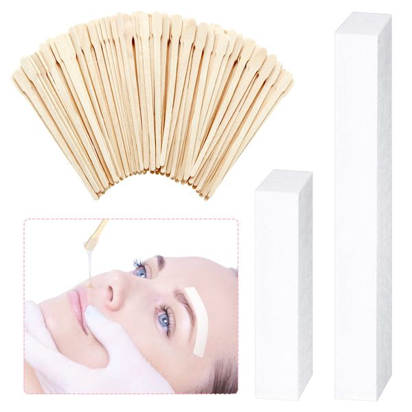 600 Pieces Wax Strips and Wax Applicator Sticks Kit Includes 400 Pieces Eyebrow Waxing Strips White Wax Paper Cloth Strip and 200 Pieces Wooden Smooth Wax Applicator Sticks for Body Skin Hair Removal