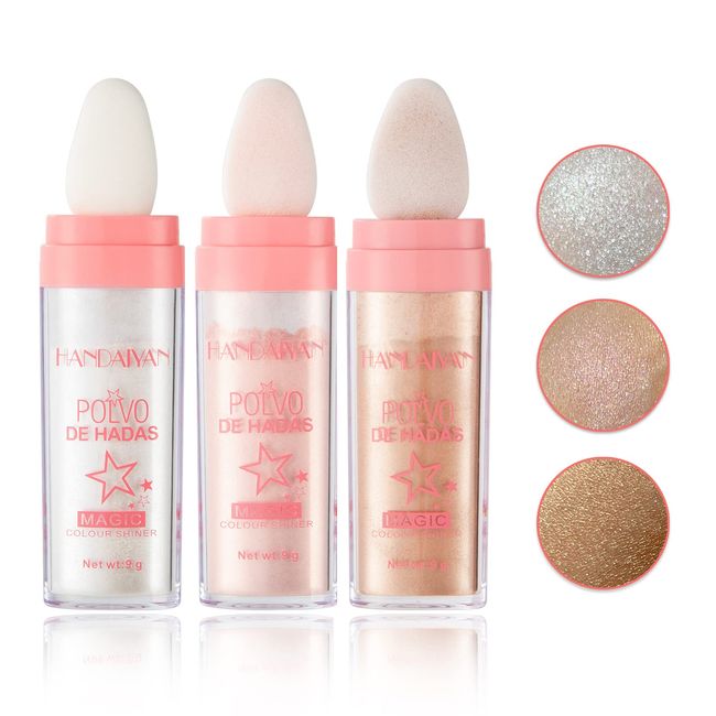 3PCS Polvo De Hadas Highlighter Glitter Stick Body Glitter Shimmer Face Brightening Highlighter Contour Powder Makeup Stick Face Blusher Fairy Glitter Highlighter Makeup - White,Pink,Golden brown