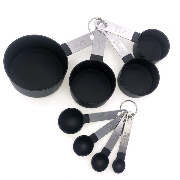 FONYA 8-Piece Black Measuring Tools - Nylon, 4 Measuring Cups / 4 Measuring Spoons with Metal Handles for Liquids and Solids