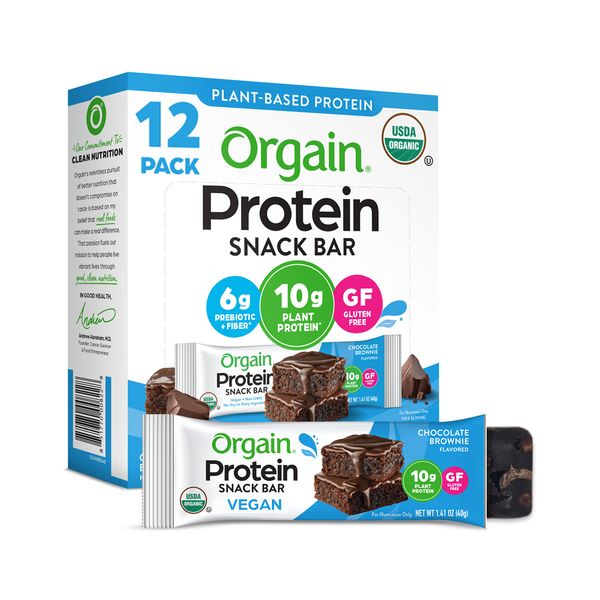 Orgain Organic Vegan Protein Bars, Chocolate Brownie - 10g Plant Based Protein, Low Calorie Healthy Snacks, No Lactose or Soy Ingredients, Gluten Free, Non-GMO - 1.41 Oz (Pack of 12)