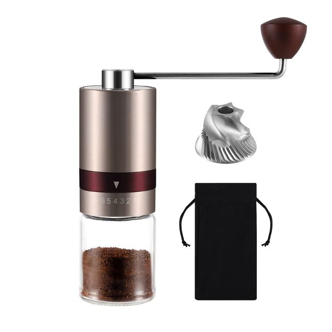 VKCHEF Coffee Grinder, Hand Grinder, Portable Coffee Grinder, Stainless Steel Mill, Metal Blade, Coffee Grinder, 6 Degree Adjustable, Stainless Steel Mill, Small, Rapid Grind, Ultra Fine Grind, Uniform Powder, Lightweight Mill Type, External Adjustment