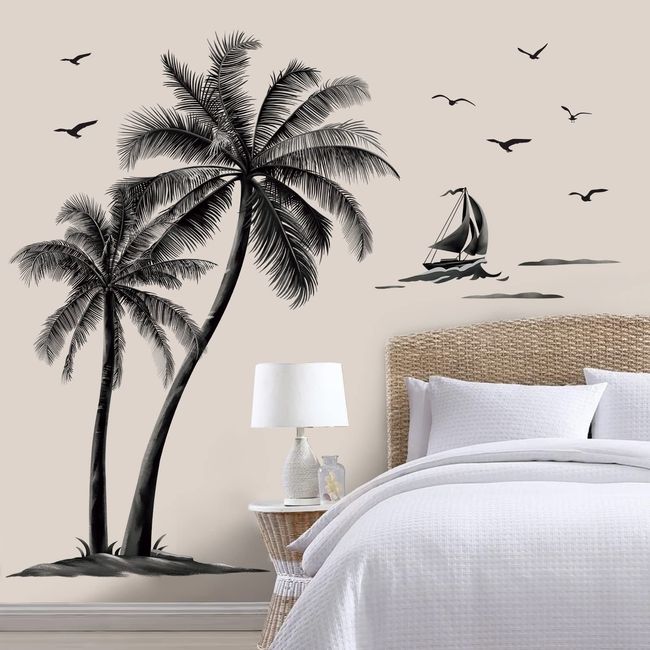 decalmile Wandtattoo Palme Groß Schwarz Wandaufkleber Tropische Pflanzen Vögel Wandsticker Schlafzimmer Wohnzimmer TV Wand Wanddeko