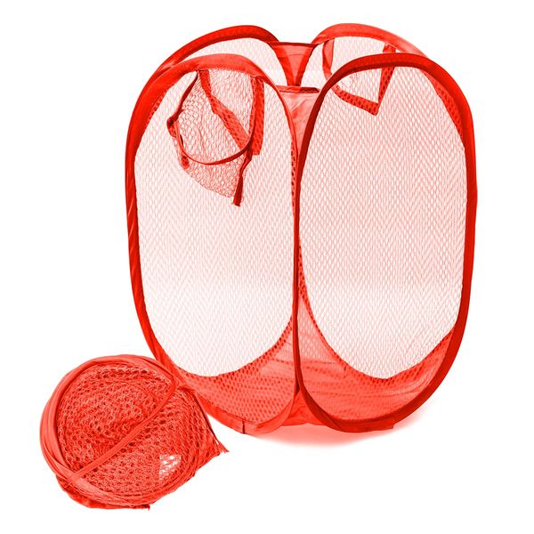 JJ PRIME - UK Foldable Pop Up Mesh Washing Laundry Basket Bag Bin Hamper Toy Tidy Storage Organiser Organizer (Red)