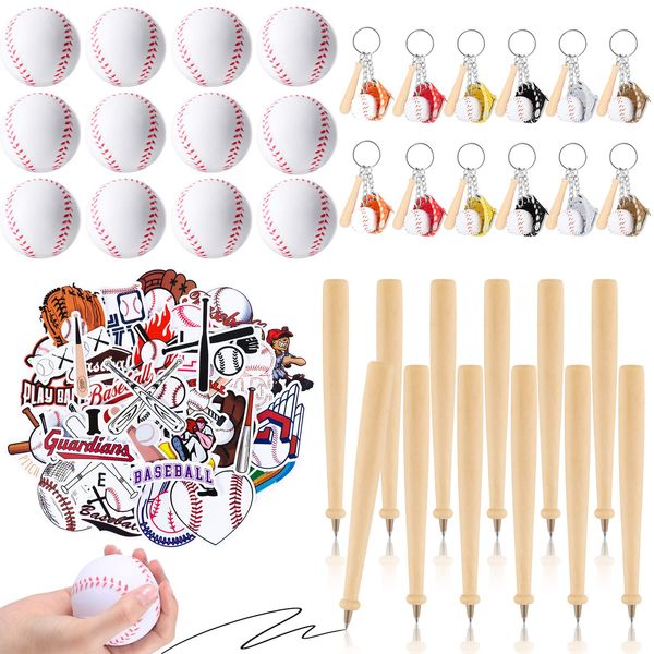 Zhanmai 86 Pcs Baseball Party Favors 12 Sports Stress Ball 12 Wooden Baseball Bat Keychains 12 Wood Baseball Bat Pens and 50 Baseball Stickers for Baseball Party Theme Supplies Team Party